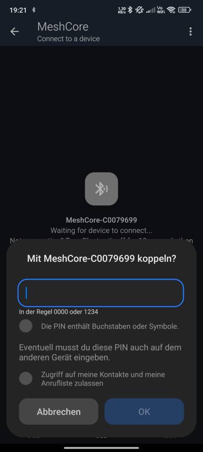 MeshCore App Pin zum koppeln eingeben
