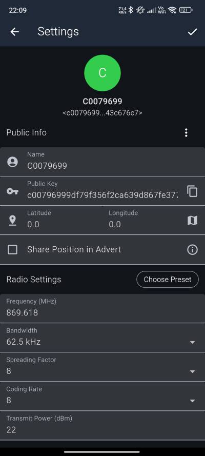 MeshCore App Einstellungen
